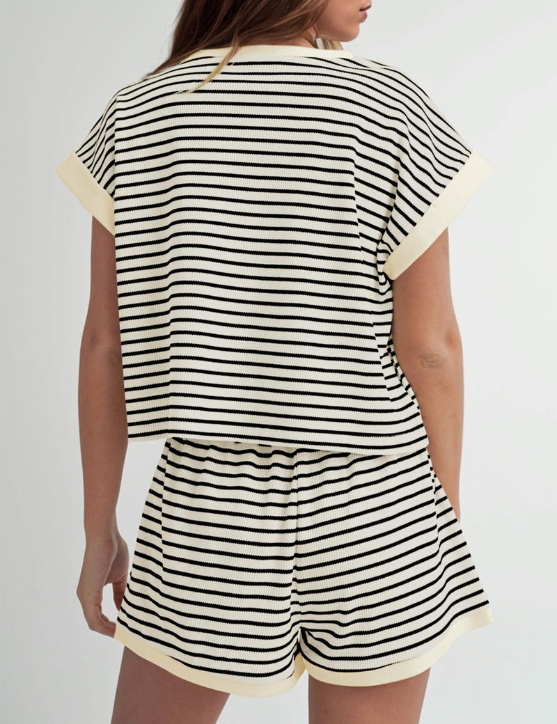 MISSACTIVER 2 Piece Lounge Set Women Stripe Knit Short Sleeve Tee Shirts Shorts Casual Summer Loungewear Shorts Set - Image 2