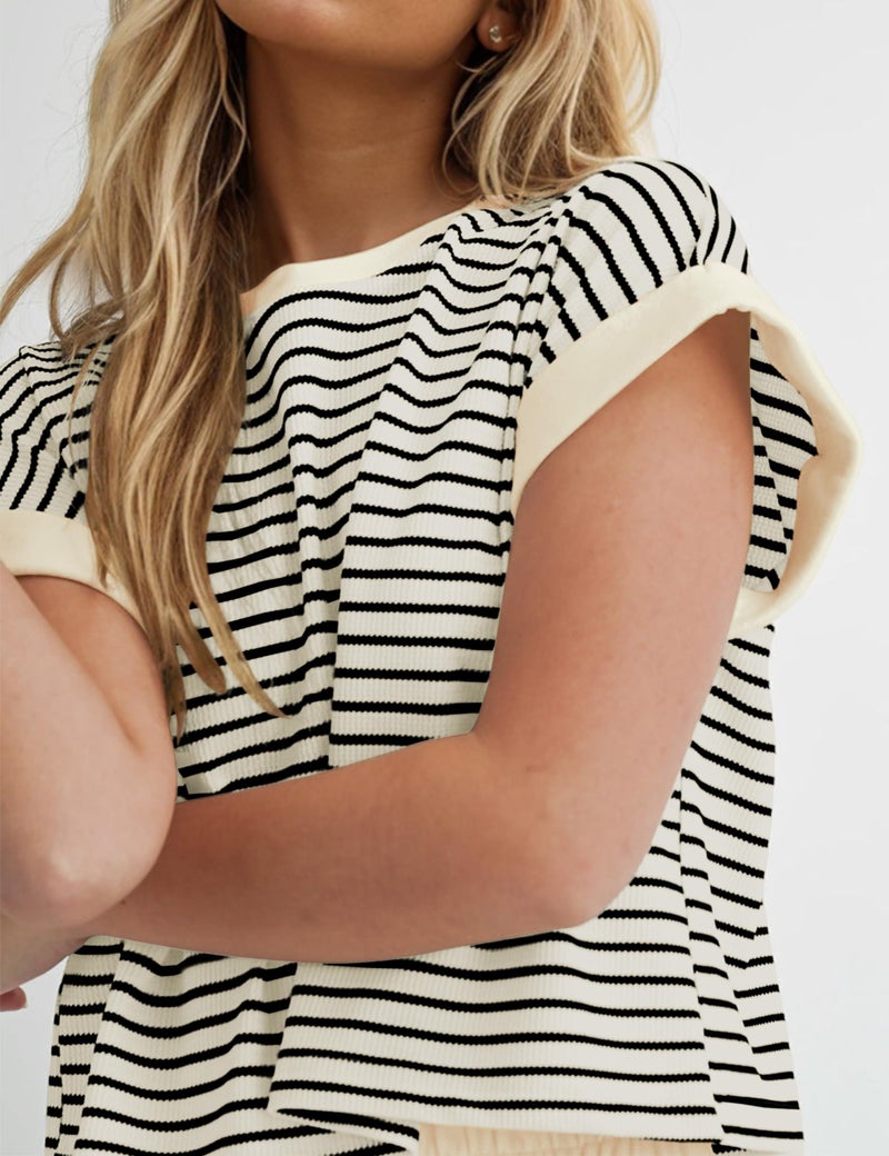MISSACTIVER 2 Piece Lounge Set Women Stripe Knit Short Sleeve Tee Shirts Shorts Casual Summer Loungewear Shorts Set - Image 5