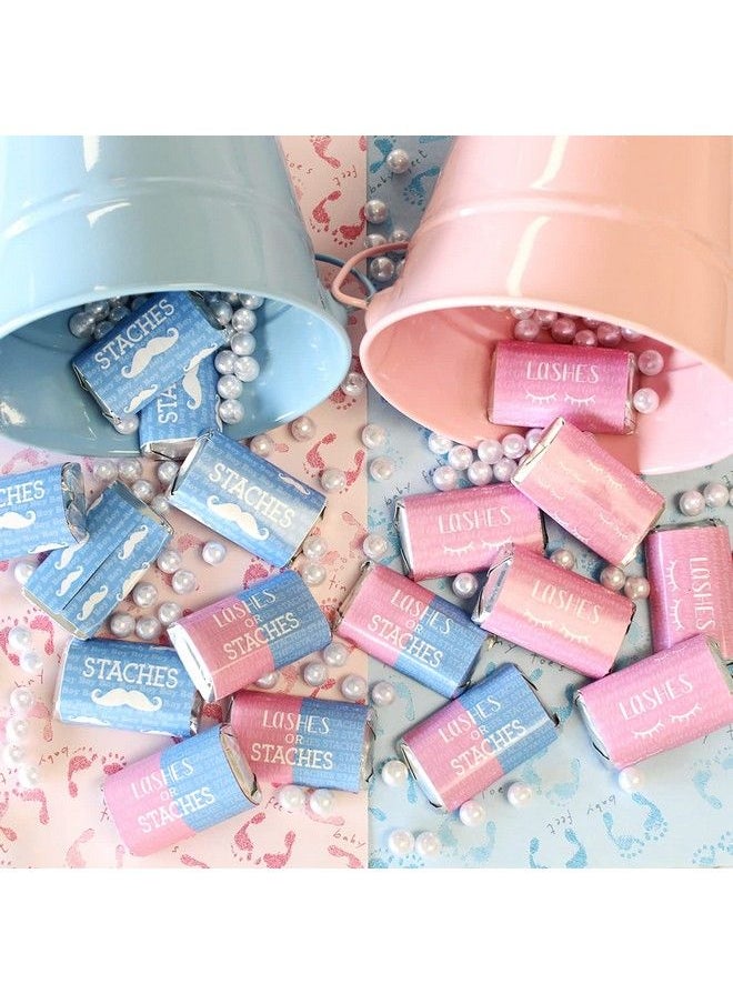 DISTINCTIVS - Baby Gender Reveal Mini Candy Bar Wrappers Lashes Or Staches 45 Stickers - Image 1