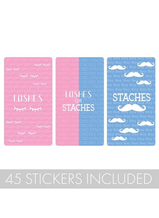 DISTINCTIVS - Baby Gender Reveal Mini Candy Bar Wrappers Lashes Or Staches 45 Stickers - Image 1