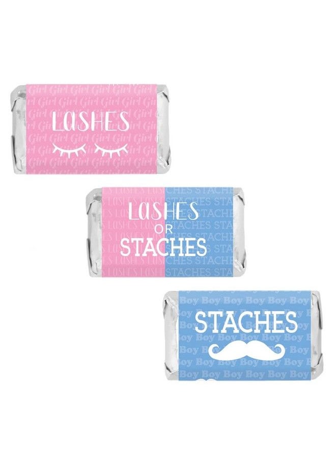 DISTINCTIVS - Baby Gender Reveal Mini Candy Bar Wrappers Lashes Or Staches 45 Stickers - Image 1