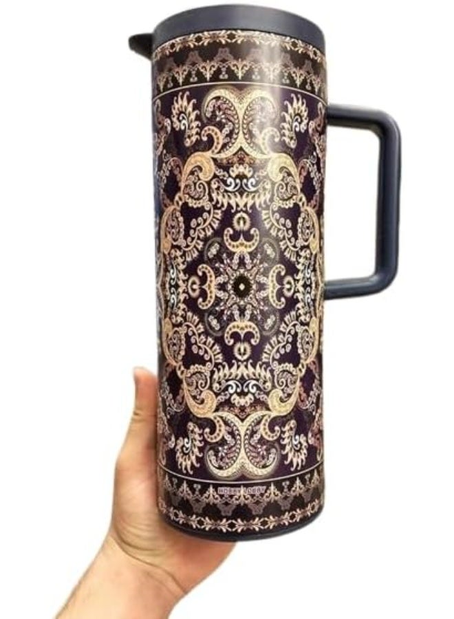 Decorative Carafe with Persian Carpet Pattern, Double-Wall Coffee and Tea Flask, 1L Capacity, Hot and Cold Beverage Storage, Navy. - Image 1