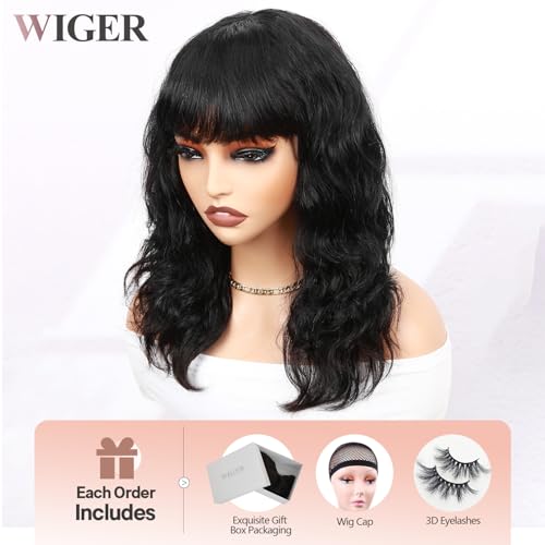 WIGER Black Natural Wave Bang Wigs for Black Women Human Hair Curly Wig with Bangs None Lace Front Wigs Brazilian Virgin Human Hair Glueless Loose Curly Wig for Daily (16 Inches) - Image 4