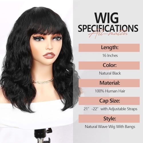 WIGER Black Natural Wave Bang Wigs for Black Women Human Hair Curly Wig with Bangs None Lace Front Wigs Brazilian Virgin Human Hair Glueless Loose Curly Wig for Daily (16 Inches) - Image 2
