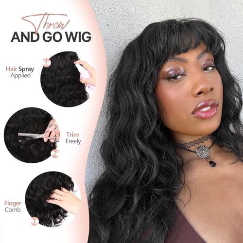 WIGER Black Natural Wave Bang Wigs for Black Women Human Hair Curly Wig with Bangs None Lace Front Wigs Brazilian Virgin Human Hair Glueless Loose Curly Wig for Daily (16 Inches) - Image 5