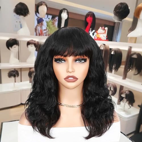 WIGER Black Natural Wave Bang Wigs for Black Women Human Hair Curly Wig with Bangs None Lace Front Wigs Brazilian Virgin Human Hair Glueless Loose Curly Wig for Daily (16 Inches) - Image 3