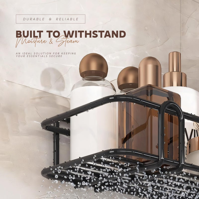 MIORAH Bathroom Accessories Set | Rustproof Bathroom Shelves | No Drilling Shelf | Black Carbon Steel | Pack of 2 - Image 4