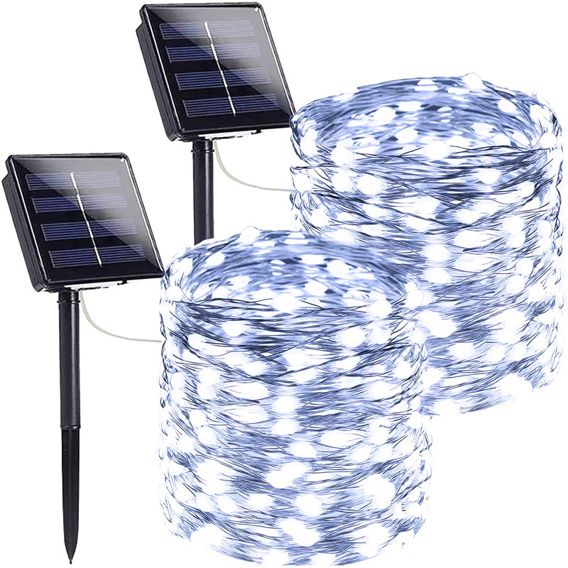 SANJICHA 2Pack Each 72FT 200 LED Solar String Lights Outdoor Waterproof Solar Christmas Fairy Lights Silver Wire 8 Lighting Modes Solar Twinkle Lights for Tree Garden Party Xmas Decor Cool White