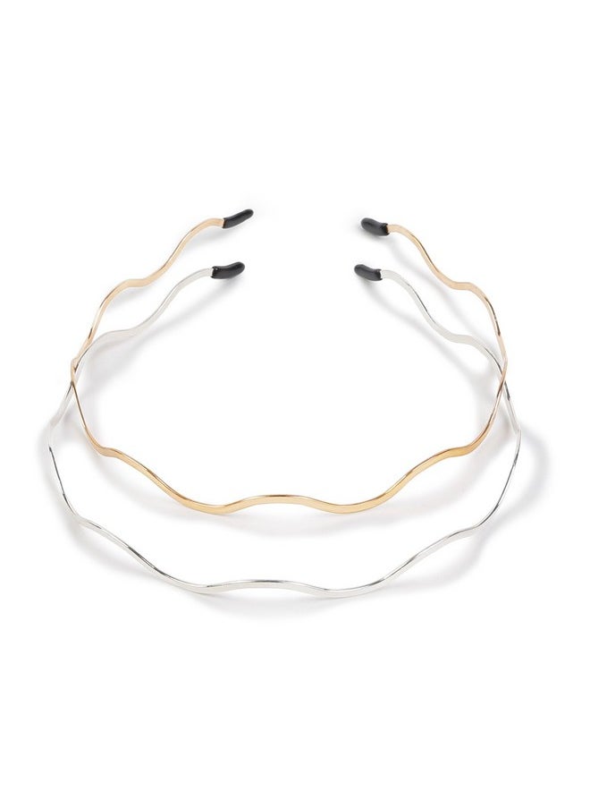 Huachi - Metal Headbands For Women - Trendy & Cute Gold And Silver Designer Hair Accessories: Elastic Hair Bands For Teens & Women (2Pcs) - Image 1