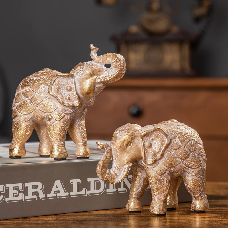 Smadeer Elephant statue for home decorations,Elephant figurines with trunk up,Elephant decor for shelf shelves table living room nightstand,African Elephants gifts for women small set of 2 gold color accents - Image 1