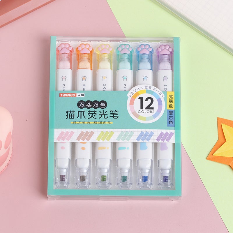 Tiangao Manufacturers Supply Cat'S Claw Highlighter Double 12 Color Morandi Retro Student Hand Account Marking Pen Suit - Image 2
