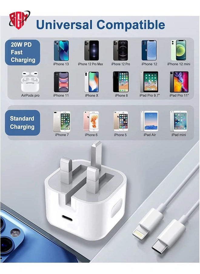 BGM - iPhone Fast Charger Plug & Cable 2mT, [Apple MFi Certified] iPhone 20W USB C USB C Charger Power Adapter w/ USB C to Lightning Cable iPhone 13/12/SE/11/XS/XR/X/8, iPad, AirPod, White - Image 1