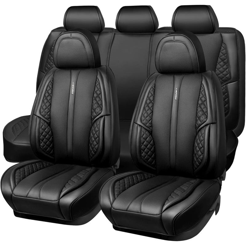 CAR PASS Nappa PU Leather Car Seat Covers Full Set Waterproof Protector Durable CushionedUniversal Fit for Sedan SUV Pickup TruckAutomotive AntiSlip and Backseat Luxury Premium DeluxeBlack