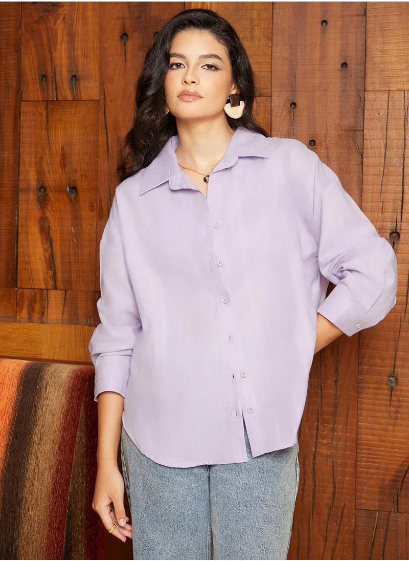 Campus Sutra Women's Lavender Self-Design Striped Shirt