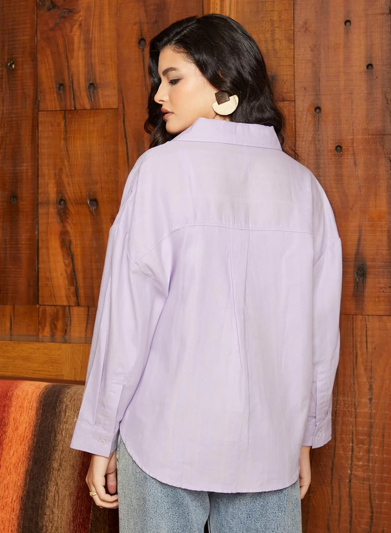 Campus Sutra Campus Sutra Women's Lavender Self-Design Striped Shirt For Casual Wear | Spread Collar  | Long Sleeve | Button Closure | Oversized Shirt Crafted With Comfort Fit For Everyday Wear