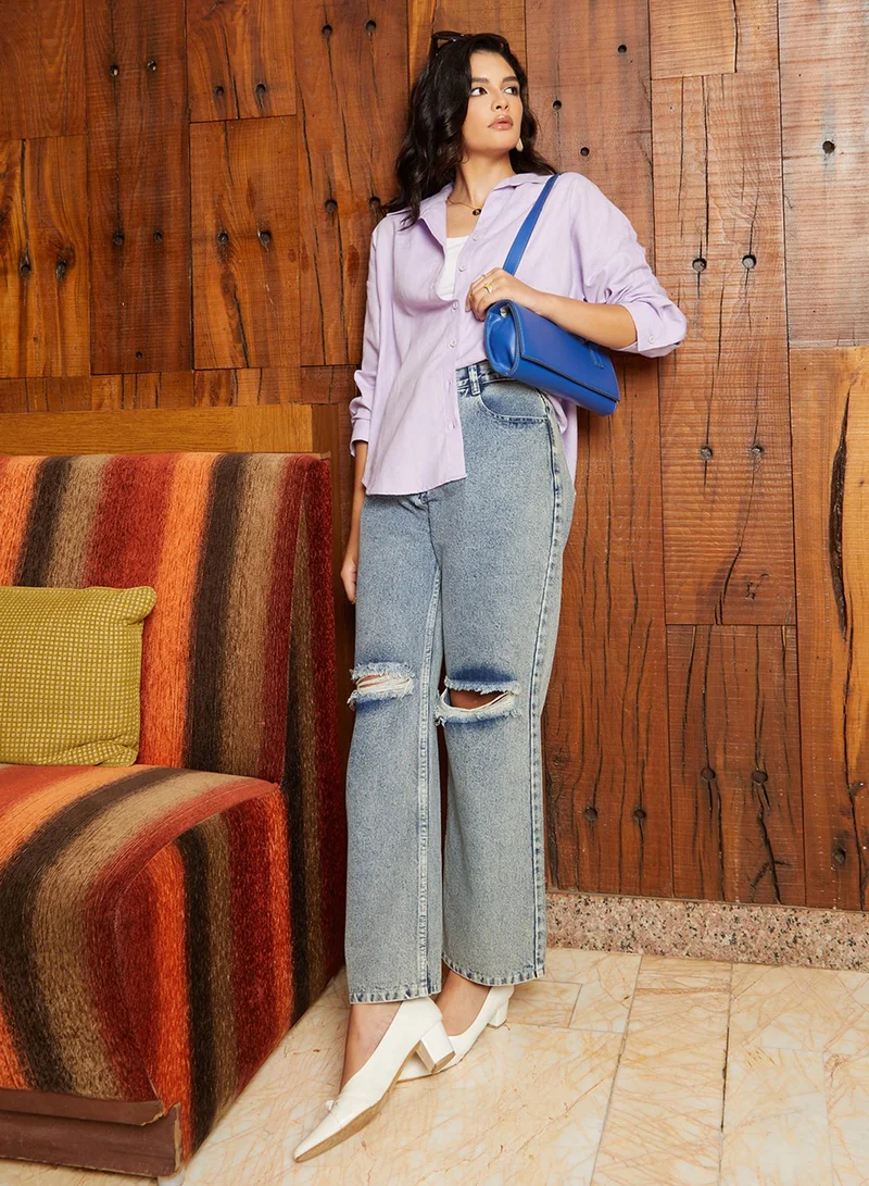 Campus Sutra Campus Sutra Women's Lavender Self-Design Striped Shirt For Casual Wear | Spread Collar  | Long Sleeve | Button Closure | Oversized Shirt Crafted With Comfort Fit For Everyday Wear
