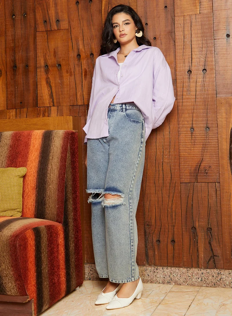 Campus Sutra Campus Sutra Women's Lavender Self-Design Striped Shirt For Casual Wear | Spread Collar  | Long Sleeve | Button Closure | Oversized Shirt Crafted With Comfort Fit For Everyday Wear