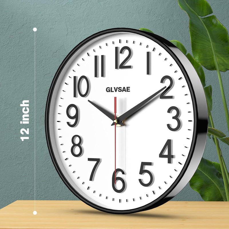 GLVSAE Wall Clock 12 Inches Non-Ticking Wall Clocks Battery Operated Large Easy to Read with Stereoscopic Dial Ultra-Quiet Movement Quartz for Office Classroom School Home Bedroom Kitchen - Image 2