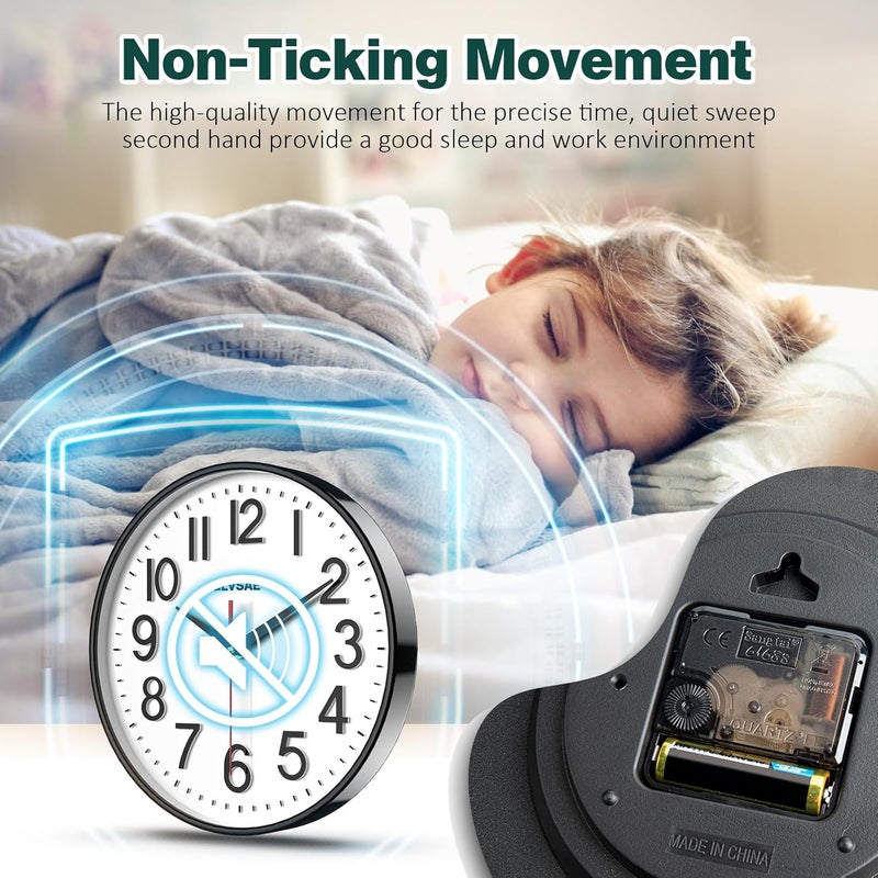 GLVSAE Wall Clock 12 Inches Non-Ticking Wall Clocks Battery Operated Large Easy to Read with Stereoscopic Dial Ultra-Quiet Movement Quartz for Office Classroom School Home Bedroom Kitchen - Image 4