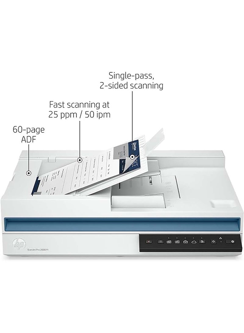 HP ScanJet Pro 2600 f1, Fast 2-Sided scanning and auto Document Feeder (20G05A) White - Image 2