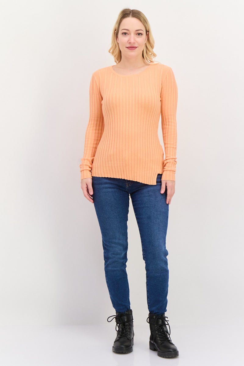 ESPRIT Women Round Neck Textured Long Sleeves Top, Orange - Image 4