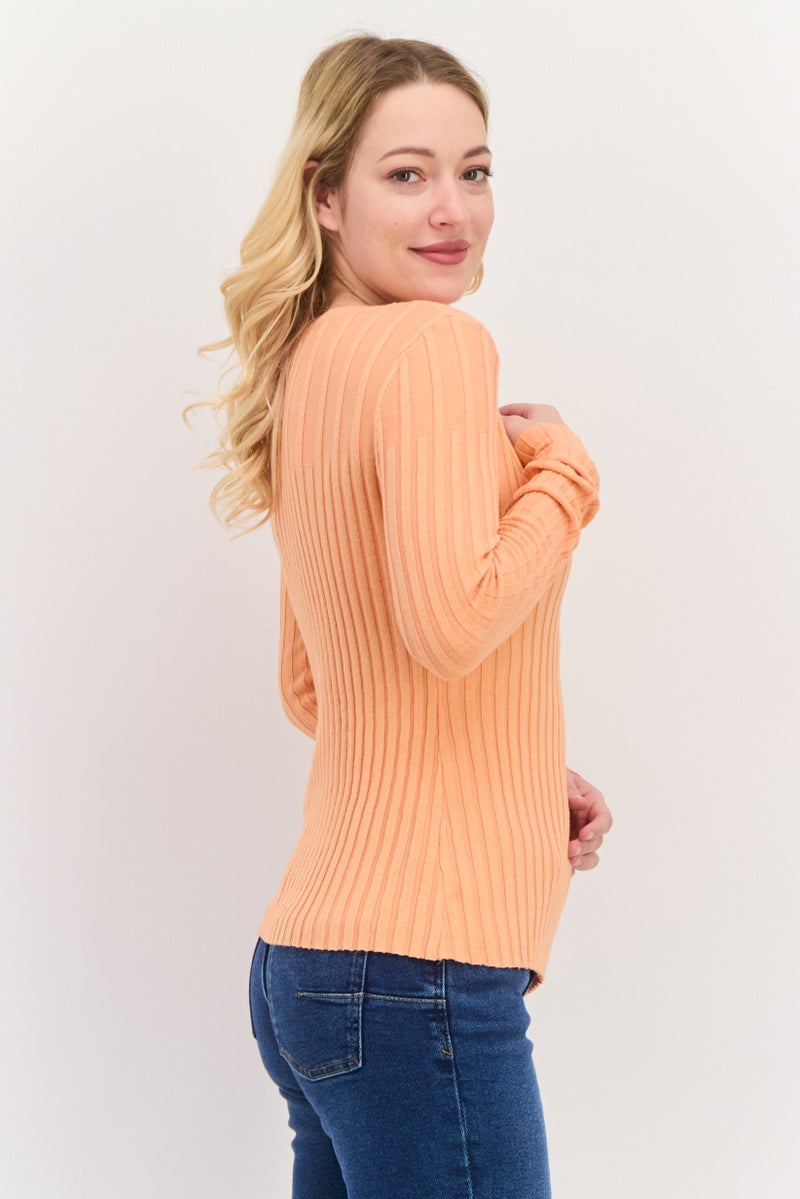 ESPRIT Women Round Neck Textured Long Sleeves Top, Orange - Image 2