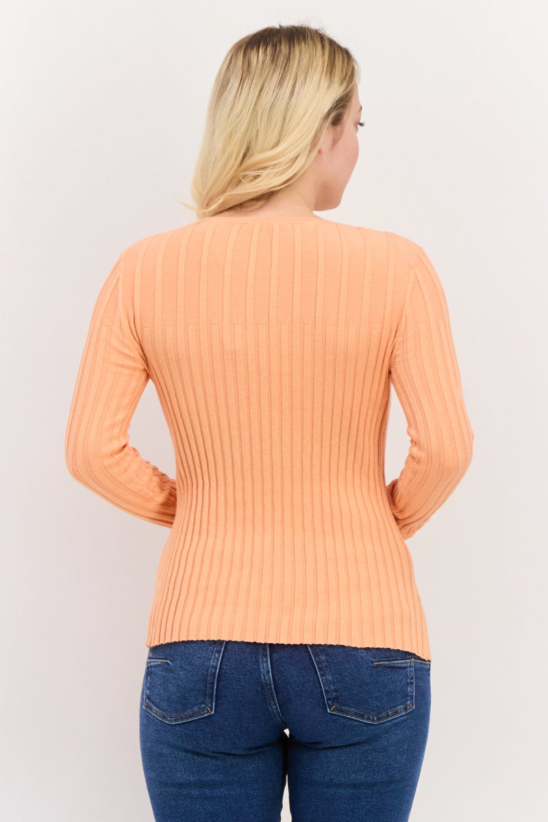 ESPRIT Women Round Neck Textured Long Sleeves Top, Orange - Image 3