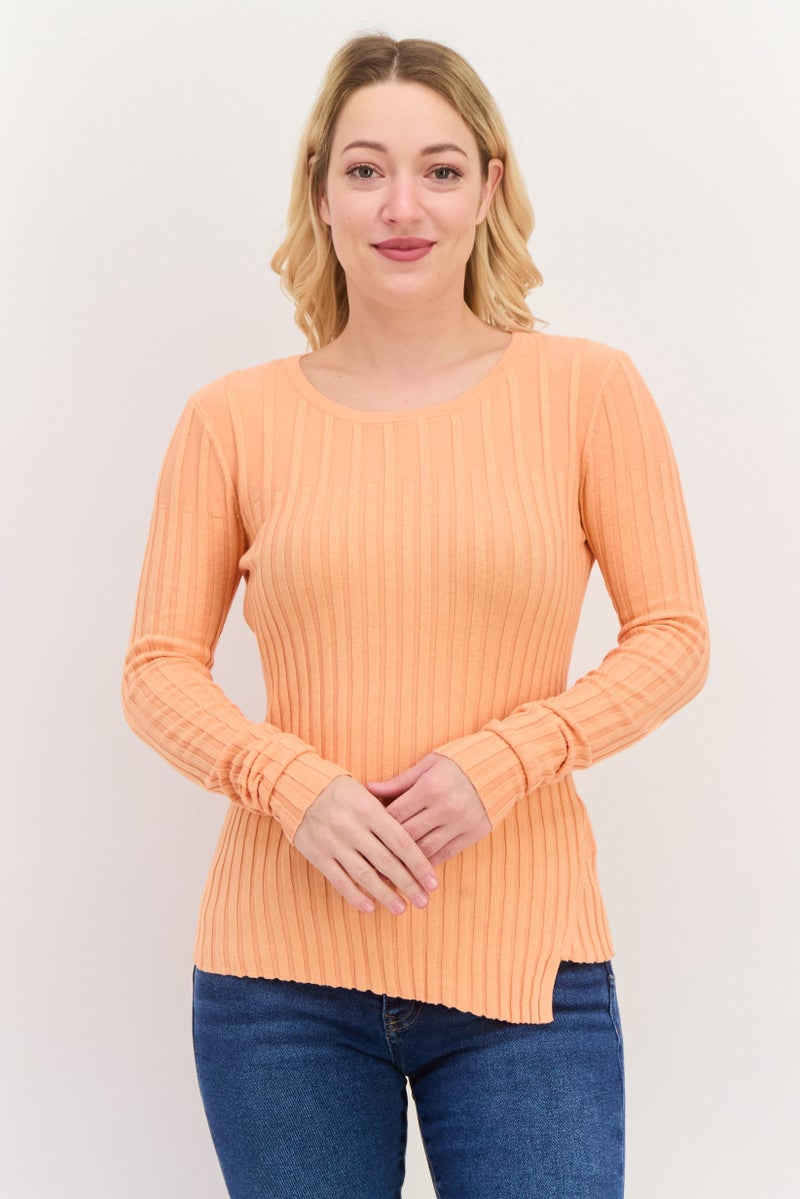 ESPRIT Women Round Neck Textured Long Sleeves Top, Orange - Image 1