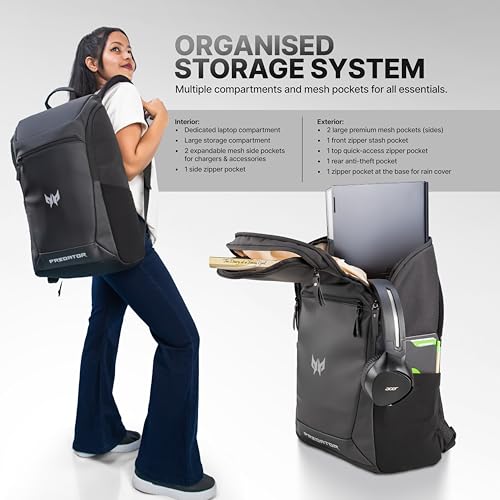 acer Predator 17 Inch Gaming Backpack | Fits Up to 17” Laptops | 22L | PUWR Ribstop Fabric | Anti-Theft Pocket | Heavy-Duty DLX Zippers | Rain Cover | Ergonomic Padded Straps | Black & Beige Interior - Image 5