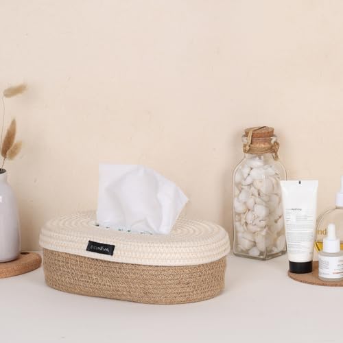 DENOVA Cotton Tissue Box Holder - Handcrafted Tissue Container for 100 Pulls Paper Towel Dispenser for Office Living Bedroom Car Desk Dining Table Home Decor (Oval, Cream & Natural) - Image 3