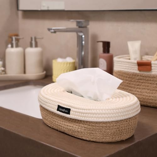 DENOVA Cotton Tissue Box Holder - Handcrafted Tissue Container for 100 Pulls Paper Towel Dispenser for Office Living Bedroom Car Desk Dining Table Home Decor (Oval, Cream & Natural) - Image 4