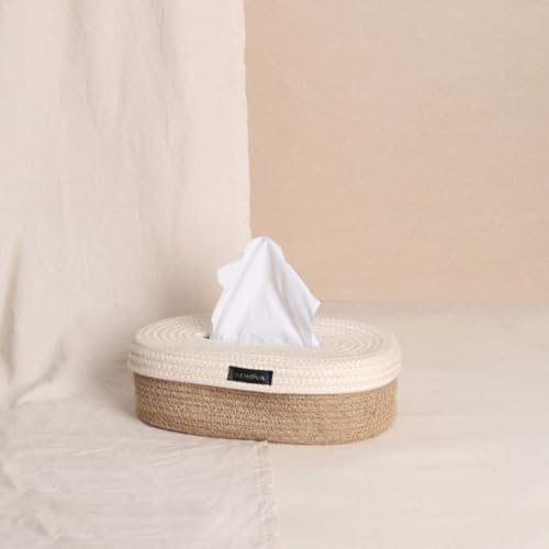 DENOVA Cotton Tissue Box Holder - Handcrafted Tissue Container for 100 Pulls Paper Towel Dispenser for Office Living Bedroom Car Desk Dining Table Home Decor (Oval, Cream & Natural) - Image 5