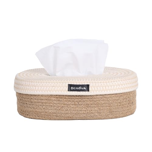 DENOVA Cotton Tissue Box Holder - Handcrafted Tissue Container for 100 Pulls Paper Towel Dispenser for Office Living Bedroom Car Desk Dining Table Home Decor (Oval, Cream & Natural) - Image 1