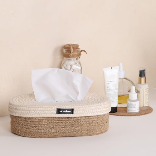 DENOVA Cotton Tissue Box Holder - Handcrafted Tissue Container for 100 Pulls Paper Towel Dispenser for Office Living Bedroom Car Desk Dining Table Home Decor (Oval, Cream & Natural) - Image 2