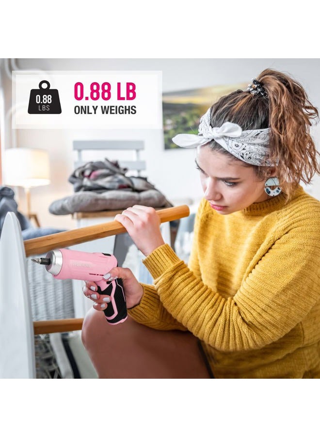 WORKPRO 75-Piece Pink Tools Set, 3.7V Rotatable Cordless Screwdriver and Household Tool Kit, Basic Tool Set with 13'' Portable Steel Tool Box for Home, Garage, Apartment, Dorm, New House - Pink Ribbon - Image 4