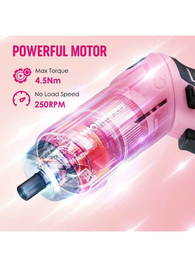 WORKPRO 75-Piece Pink Tools Set, 3.7V Rotatable Cordless Screwdriver and Household Tool Kit, Basic Tool Set with 13'' Portable Steel Tool Box for Home, Garage, Apartment, Dorm, New House - Pink Ribbon - Image 5