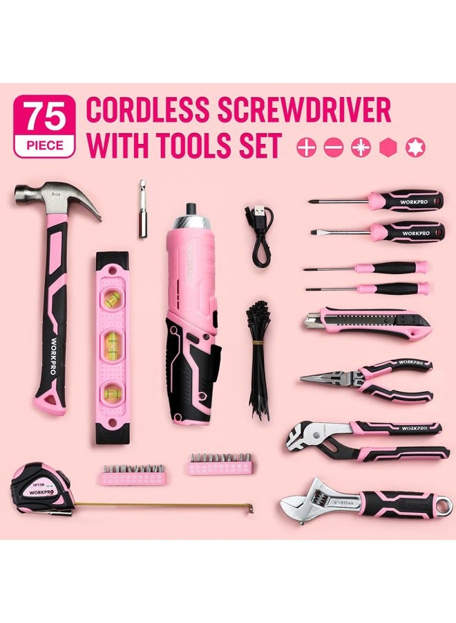 WORKPRO 75-Piece Pink Tools Set, 3.7V Rotatable Cordless Screwdriver and Household Tool Kit, Basic Tool Set with 13'' Portable Steel Tool Box for Home, Garage, Apartment, Dorm, New House - Pink Ribbon - Image 3