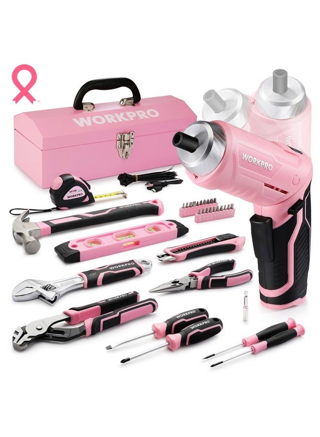 WORKPRO 75-Piece Pink Tools Set, 3.7V Rotatable Cordless Screwdriver and Household Tool Kit, Basic Tool Set with 13'' Portable Steel Tool Box for Home, Garage, Apartment, Dorm, New House - Pink Ribbon - Image 1