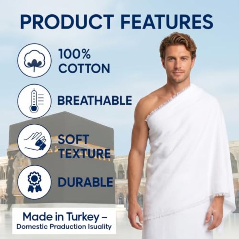 Ihram Ehram Ahram for Men for Hajj and Umrah - 2 Towels - Hygienic Natural 100% Cotton Towels 110 x 220cm - Image 2