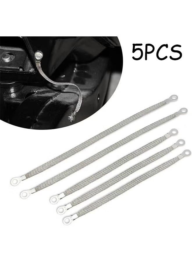Unewshi 5PCS Ground Straps Automotive,10In 13In 220V Metal Flat Braided Vehicle Ground Straps Accessories,Universal Flat Braided Copper Ground Strap Professional Vehicle Grounding Cable Straps with Terminals Plugs Tinplate Silver Color Automotive Engine Copper Ground Strap for Most Cars - Image 1