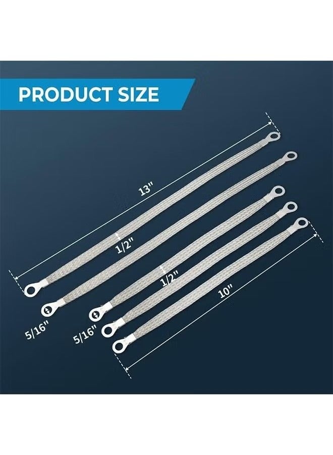Unewshi 5PCS Ground Straps Automotive,10In 13In 220V Metal Flat Braided Vehicle Ground Straps Accessories,Universal Flat Braided Copper Ground Strap Professional Vehicle Grounding Cable Straps with Terminals Plugs Tinplate Silver Color Automotive Engine Copper Ground Strap for Most Cars - Image 2