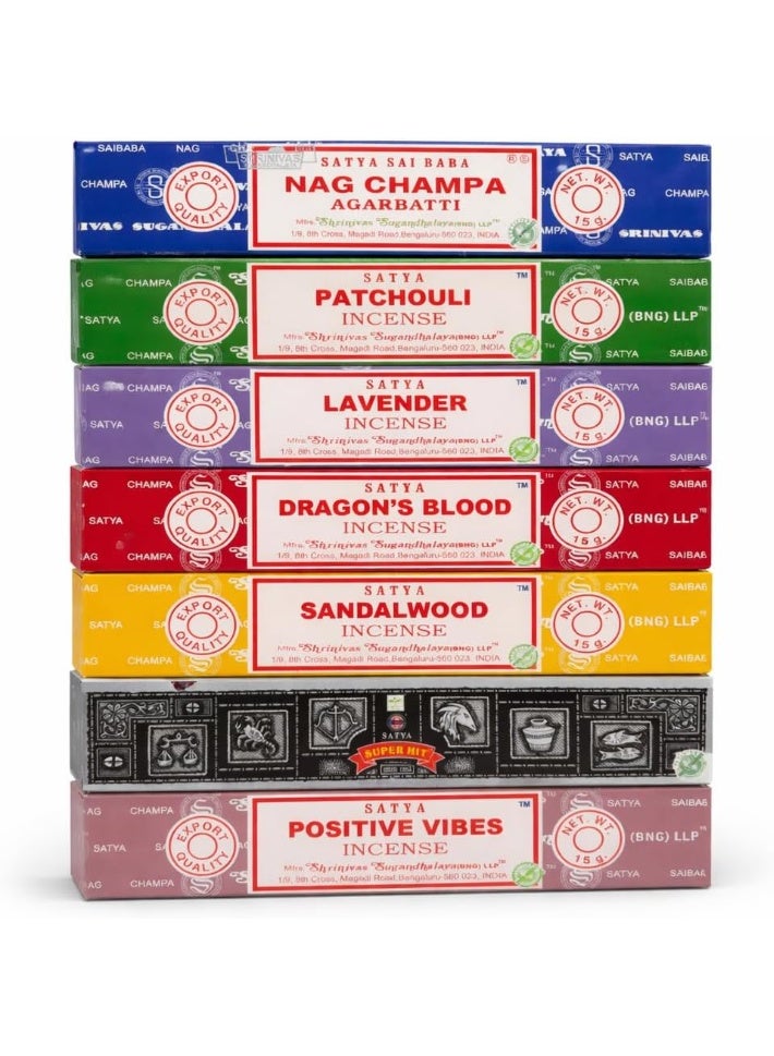Satya Incense Gift Set Nag Champa, Super hit, Dragon's Blood, Sandalwood, Patchouli, Lavender, Positive Vibes, 15 g