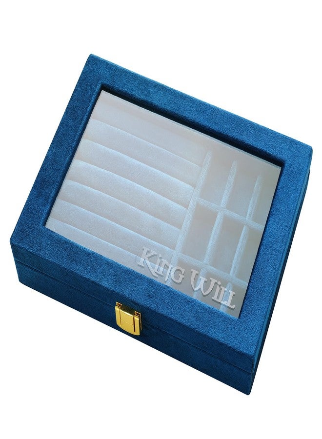 King Will Mens Ring Box Organization Premium Velvet Storage Jewelry Boxes for Rings Unisex Large Capacity with Open Window & Metal Clasp Durable Portable for Home Travel Luxury Gift, Navy Blue - Image 1