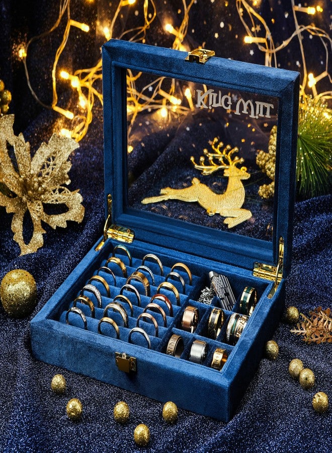 King Will Mens Ring Box Organization Premium Velvet Storage Jewelry Boxes for Rings Unisex Large Capacity with Open Window & Metal Clasp Durable Portable for Home Travel Luxury Gift, Navy Blue - Image 2