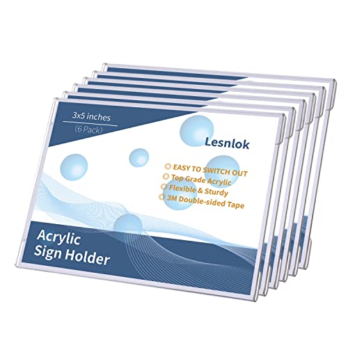 Lesnlok 6 Pack 3 x 5inch Acrylic Sign Holder Wall Mount Sign Holders Clear Acrylic Frame with 3M Tape Adhesive Clear Poster Frames Plastic Sign Holder Please remove the protective film before use