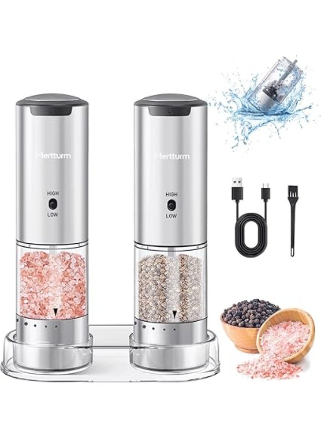 MERTTURM Electric Salt and Pepper Grinder Set Stainless Steel Rechargeable Salt and Pepper Grinder Set, Variable Grinding Speed, External Adjustable Coarseness, Storage Base, Whiet LED Light, Silver - Image 1