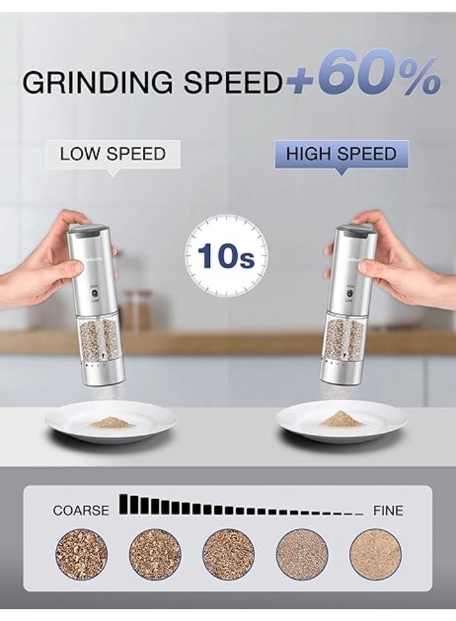 MERTTURM Electric Salt and Pepper Grinder Set Stainless Steel Rechargeable Salt and Pepper Grinder Set, Variable Grinding Speed, External Adjustable Coarseness, Storage Base, Whiet LED Light, Silver - Image 3