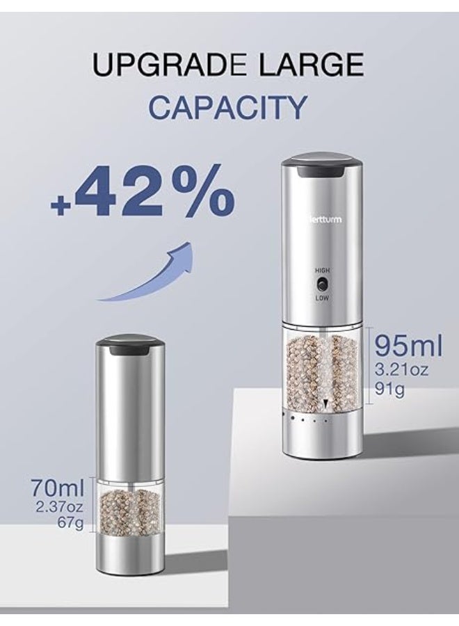 MERTTURM Electric Salt and Pepper Grinder Set Stainless Steel Rechargeable Salt and Pepper Grinder Set, Variable Grinding Speed, External Adjustable Coarseness, Storage Base, Whiet LED Light, Silver - Image 2