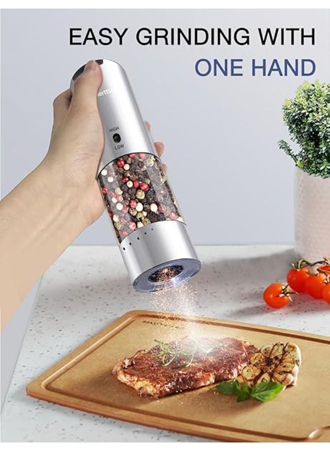 MERTTURM Electric Salt and Pepper Grinder Set Stainless Steel Rechargeable Salt and Pepper Grinder Set, Variable Grinding Speed, External Adjustable Coarseness, Storage Base, Whiet LED Light, Silver - Image 5