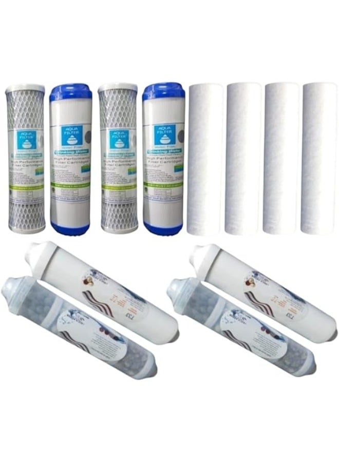12-piece water filter cartridge set: 4 primary stages, 2 secondary stages, 2 tertiary stages, 2 post-carbon stages, 2 calcite stages. Replacement cartridges for imported Aqua Filter water purification systems.